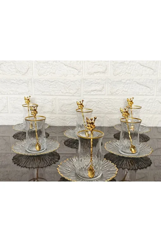 atabey home KAVEHTABAKLISET 18 Parça Çay Seti - 6 Bardak 6 Tabak 6 Japon Gülü Kaşik & Odin Çay Bardakli & Gold Detayli