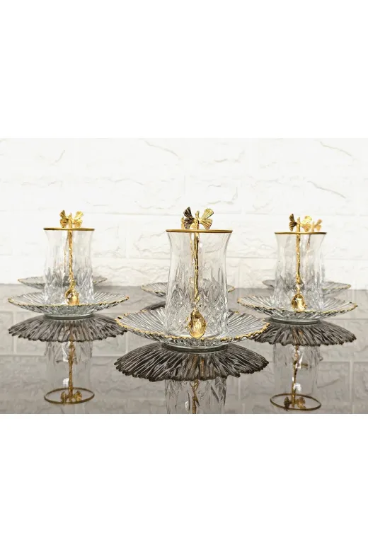 atabey home KAVEHTABAKLISET 18 Parça Çay Seti - 6 Bardak 6 Tabak 6 Kelebek Kaşik & Odin Çay Bardakli & Gold Detayli