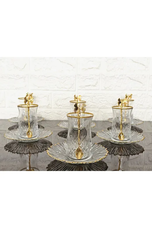 atabey home KAVEHTABAKLISET 18 Parça Çay Seti - 6 Bardak 6 Tabak 6 Kelebek Kaşik & Odin Çay Bardakli & Gold Detayli
