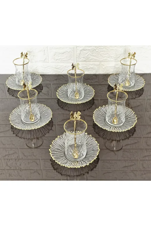 atabey home KAVEHTABAKLISET 18 Parça Çay Seti - 6 Bardak 6 Tabak 6 Kelebek Kaşik & Odin Çay Bardakli & Gold Detayli