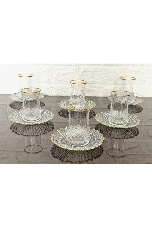 atabey home KAVEHTABAKLISET 6 Kişilik Çay Seti 6 Bardak 6 Tabak & Odin Çay Bardakli & Gold Detayli