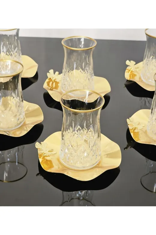 atabey home ODİNÇAYSET 6 Kişilik 12 Parça Gold Çay Seti Metal Tabakli Kelebek Detayli