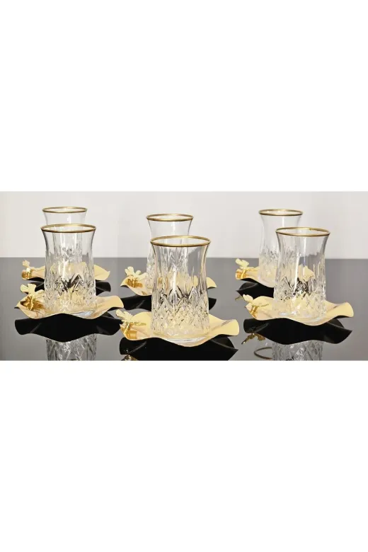 atabey home ODİNÇAYSET 6 Kişilik 12 Parça Gold Çay Seti Metal Tabakli Kelebek Detayli