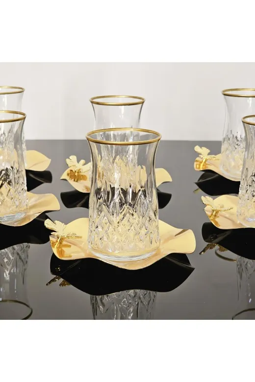 atabey home ODİNÇAYSET 6 Kişilik 12 Parça Gold Çay Seti Metal Tabakli Kelebek Detayli
