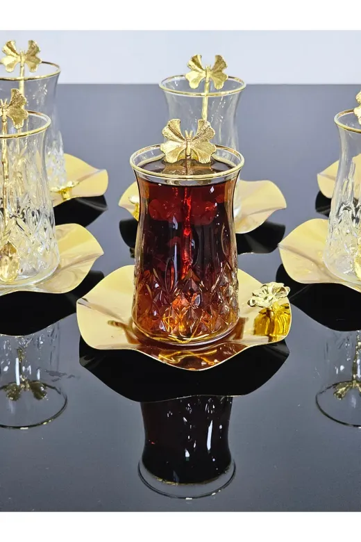 atabey home ODİNÇAYSET 6 Kişilik 18 Parça Çay Kaşikli Odin Çay Seti Metal Tabakli Kelebek Kaşik