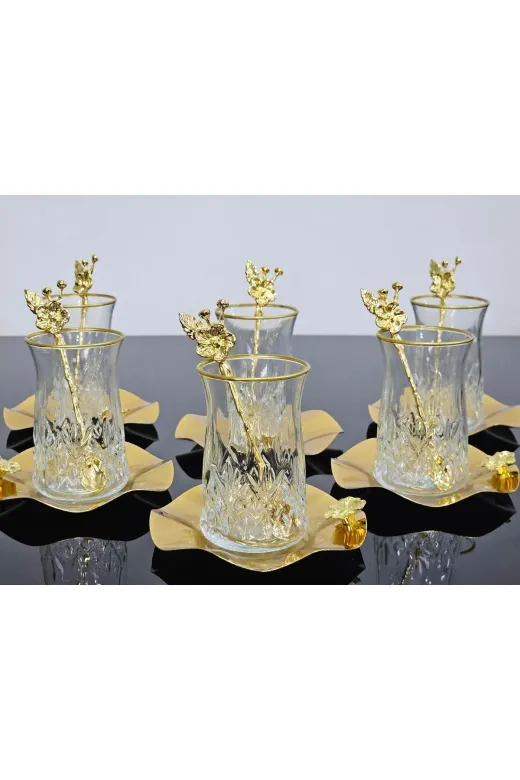 atabey home ODİNÇAYSETİ 6 Kişilik 18 Parça Çay Kaşikli Odin Çay Seti Metal Tabakli Japon Gülü
