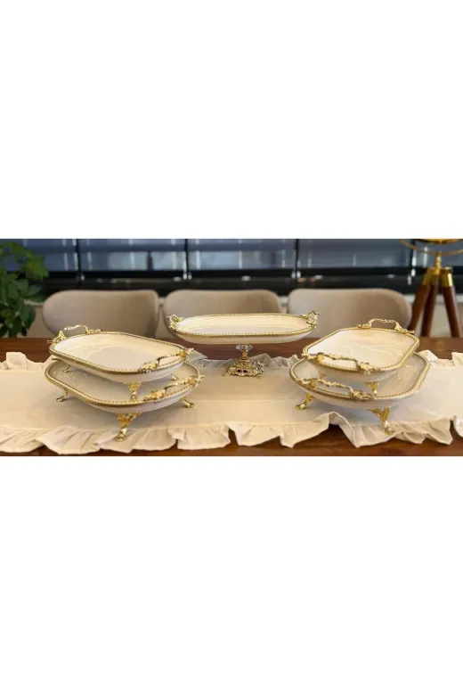 atabey home PORSELEN5PARÇAKAYIKSET 5 Parça Oval Porselen Çeyiz Seti Döküm Çerçeveli-Ayakli-Kulplu & Sunum Seti Gold & Sunum Kayik