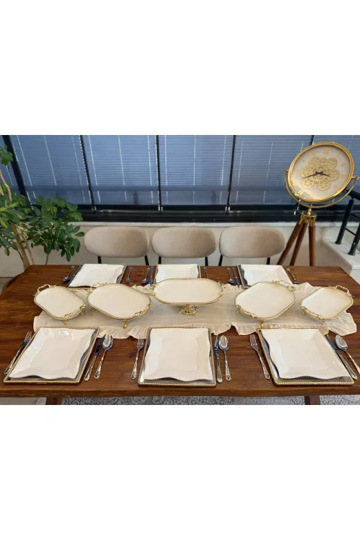 atabey home PORSELEN5PARÇAKAYIKSET 5 Parça Oval Porselen Çeyiz Seti Döküm Çerçeveli-Ayakli-Kulplu & Sunum Seti Gold & Sunum Kayik