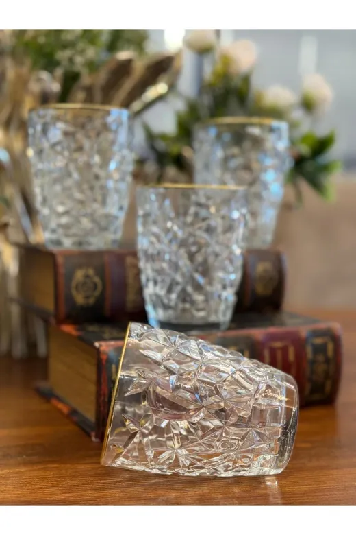 atabey home RYNBARDAKLAR 6 Adet Kristalize Model Meşrubat & Su Bardaği-Gold Detayli 300 Ml 10 Cm
