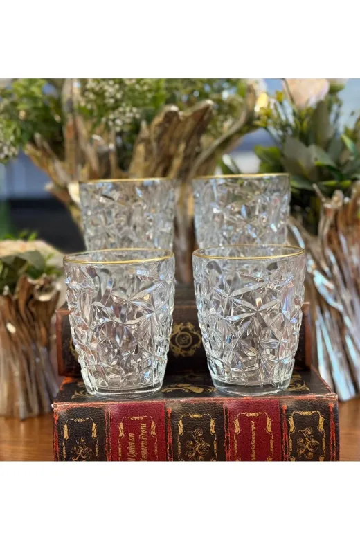 atabey home RYNBARDAKLAR 6 Adet Kristalize Model Meşrubat & Su Bardaği-Gold Detayli 300 Ml 10 Cm