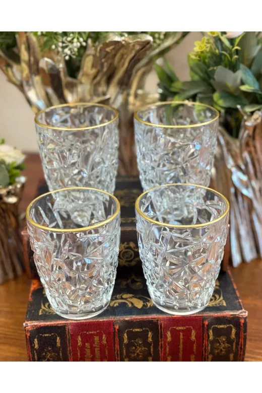 atabey home RYNBARDAKLAR 6 Adet Kristalize Model Meşrubat & Su Bardaği-Gold Detayli 300 Ml 10 Cm