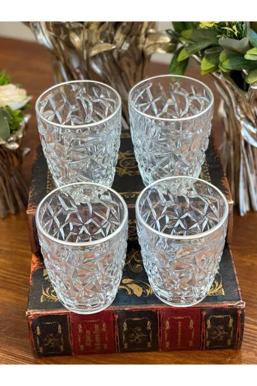 atabey home RYNBARDAKLAR 6 Adet Kristalize Model Meşrubat & Su Bardaği-Gümüş Detayli 300 Ml 10 Cm