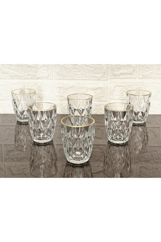 atabey home RYNBARDAKLAR 6 Adet Kristalize Model Plaza Meşrubat & Su Bardaği-Gold Detayli 300 Ml 10 Cm