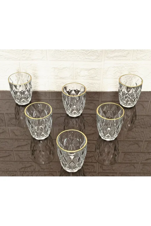 atabey home RYNBARDAKLAR 6 Adet Kristalize Model Plaza Meşrubat & Su Bardaği-Gold Detayli 300 Ml 10 Cm