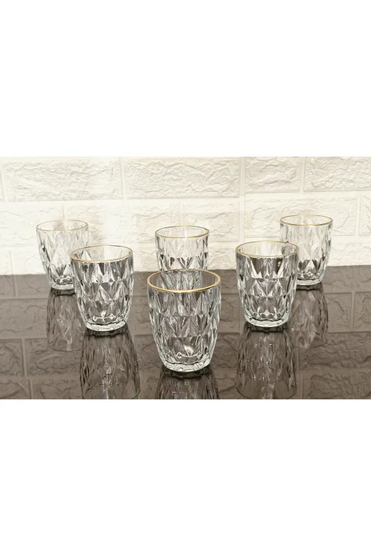 atabey home RYNBARDAKLAR 6 Adet Kristalize Model Plaza Meşrubat & Su Bardaği-Gold Detayli 300 Ml 10 Cm