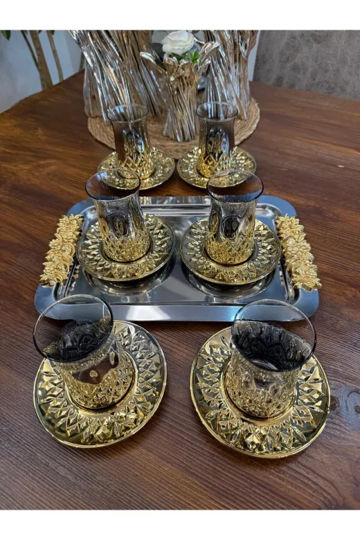 atabey home titanyumçayseti Titanyum Kaplama Odin Çay Seti 12 Parça-6 Bardak - 6 Tabak Çay Takimi