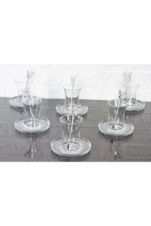 atabey home TYC910DC4BD459C4FC9506B00 18 Parça Çay Seti Gümüş Japon Gülü Çay Kaşikli 6 Bardak 6 Tabak 6 Kaşik