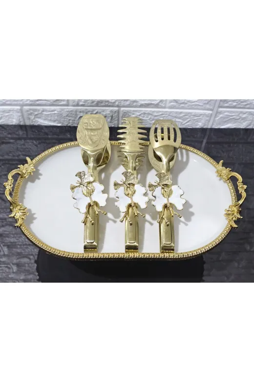 atabey home TYCL8B34MN170125353660002 Gold Servis Maşa Seti 3'lü Beyaz Kelebek/makarna/pasta/yemek/sunum Maşası Titanyum