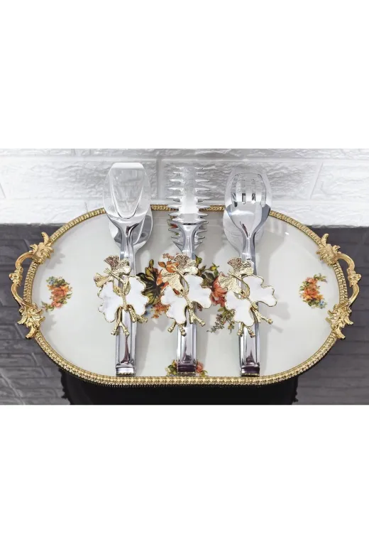 atabey home TYCL8B34MN170125353660002 Gümüş Servis Maşa Seti 3'lü Beyaz Kelebek Makarna/pasta/yemek/sunum Maşası