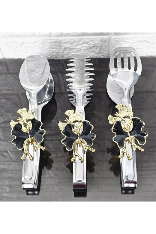 atabey home TYCL8B34MN170125353660002 Gümüş Servis Maşa Seti 3'lü Siyah Kelebek Makarna/pasta/yemek/sunum Maşası