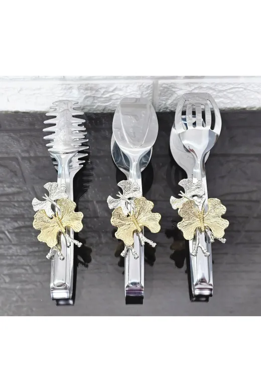 atabey home TYCL8B34MN170125353660002 Gümüş Servis Maşa Seti 3'lü Gold Kelebek Makarna/pasta/yemek/sunum Maşası