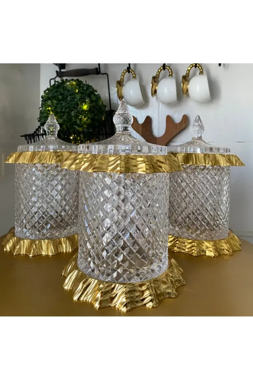 atabeykavanoz 3'lü Kavanoz & Baharat Takimi Kristalize Gold Döküm Set
