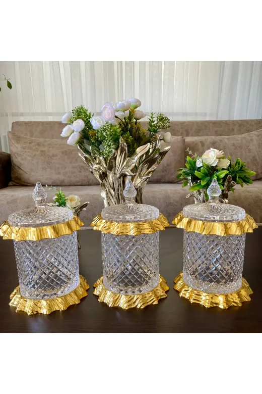 atabeykavanoz 3'lü Kavanoz & Baharat Takimi Kristalize Gold Döküm Set