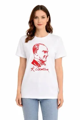 Atatürk Baskılı Tişört Kısa Kollu Bisiklet Yaka T-Shirt - Beyaz - M - Beyaz