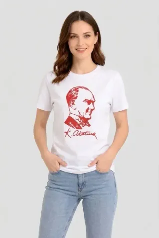 Atatürk Baskılı Tişört Kısa Kollu Bisiklet Yaka T-Shirt - Beyaz - XS - Beyaz