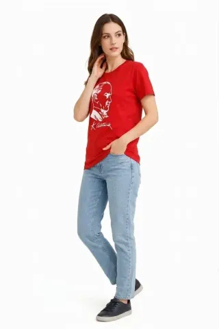 Atatürk Baskılı Tişört Kısa Kollu Bisiklet Yaka T-Shirt - Kırmızı - XS - Kırmızı