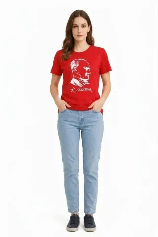 Atatürk Baskılı Tişört Kısa Kollu Bisiklet Yaka T-Shirt - Kırmızı - S - Kırmızı