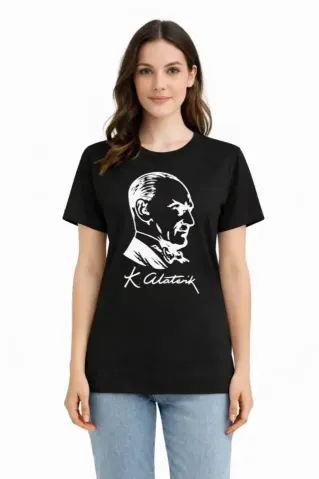 Atatürk Baskılı Tişört Kısa Kollu Bisiklet Yaka T-Shirt - Siyah - L - Siyah