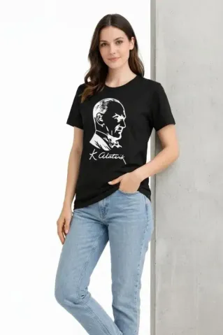 Atatürk Baskılı Tişört Kısa Kollu Bisiklet Yaka T-Shirt - Siyah - XS - Siyah