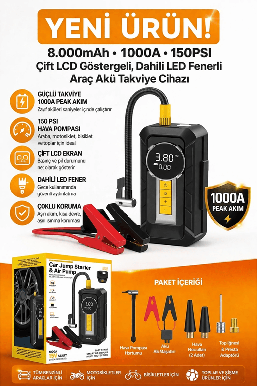 Auhma A8899 Akü Takviye Cihazı & Hava Kompresörü - 80000Mah Powerbank, 150 Psi, 1000A Peak, Led Fener