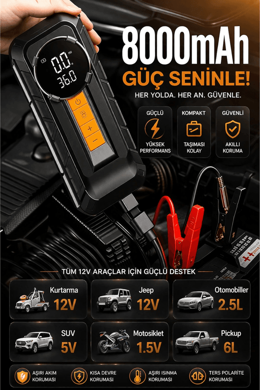 Auhma A8899 Akü Takviye Cihazı & Hava Kompresörü - 80000Mah Powerbank, 150 Psi, 1000A Peak, Led Fener