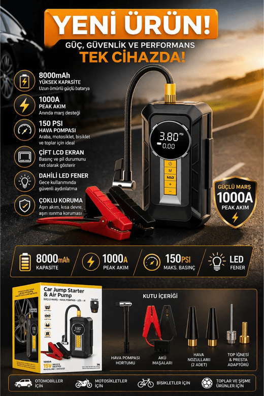 Auhma A8899 Akü Takviye Cihazı & Hava Kompresörü - 80000Mah Powerbank, 150 Psi, 1000A Peak, Led Fener
