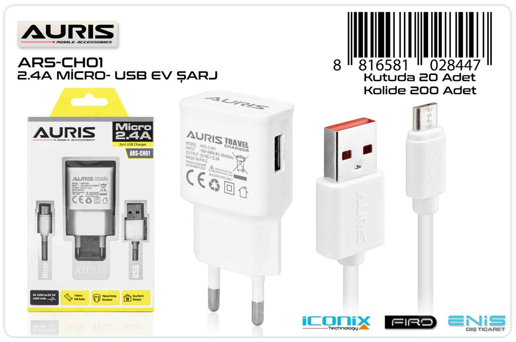 Auris 2.4A Micro Şarj Aleti Seti (Adaptör Ve Kablo Set) Ars-Ch01