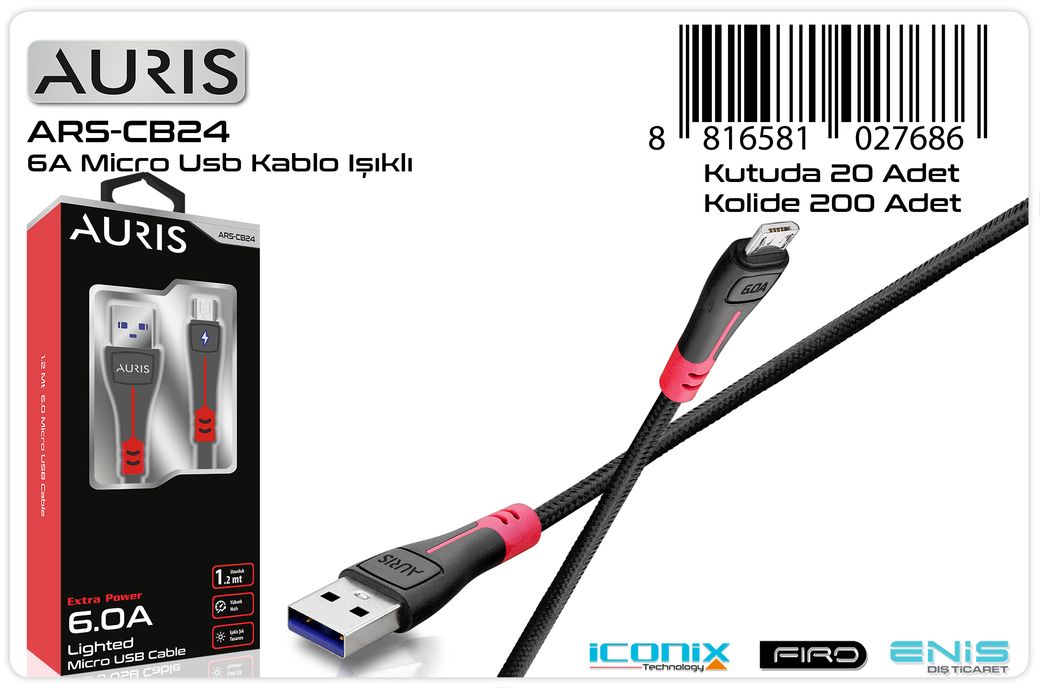 Auris Ars-Cb24 Micro Usb Data Işıklı Şarj Kablosu