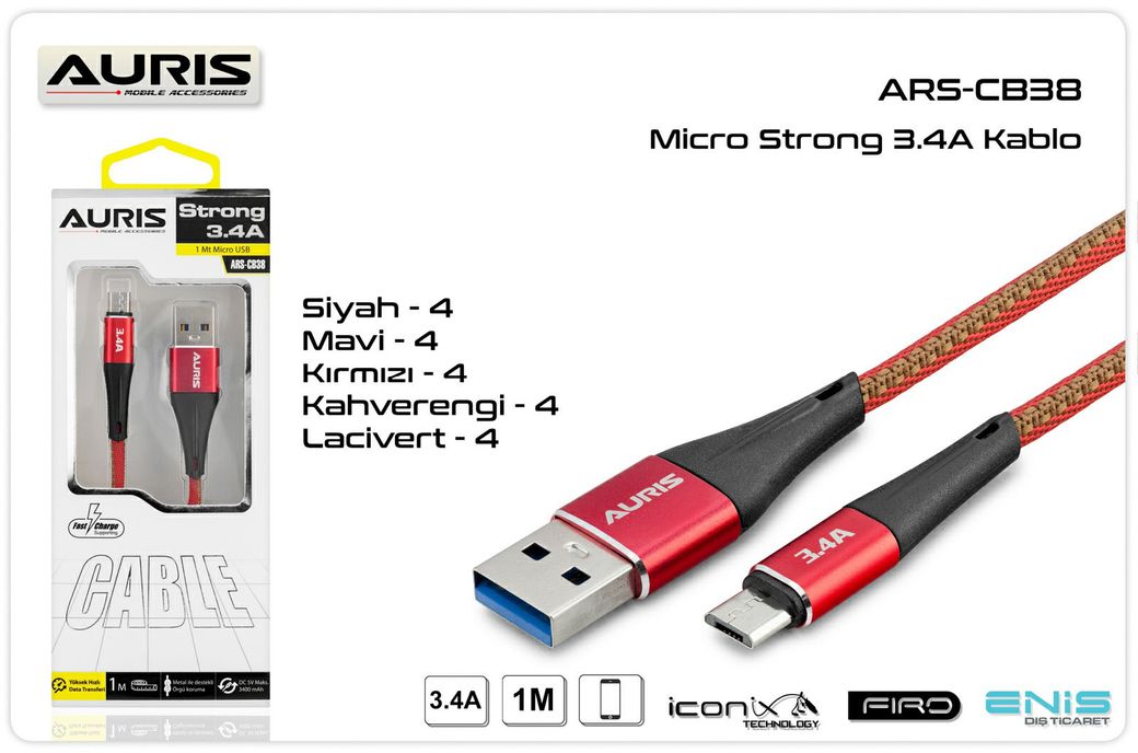Auris Ars-Cb38 3.4A Micro 1M Extra Güçlü Usb Şarj Kablosu