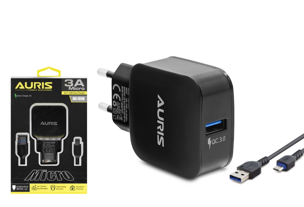 Auris Ars-Ch14B 3A Micro Usb Kablo Ve Adaptör Şarj Seti Quick Şarj