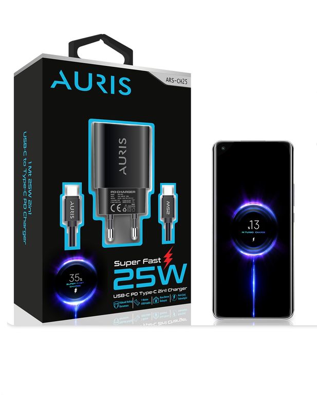 Auris ARS-CH25 Pd Turbo 25W Type-C To Type-C Şarj Kablosu Ve Başlık Hızlı Şarj Seti