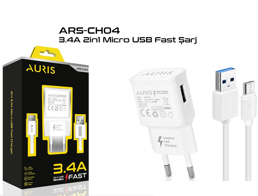 Auris Ars-Cho4 3.4A 2'si 1 Arada Mikro Usb Hızlı Şarj Cihazı