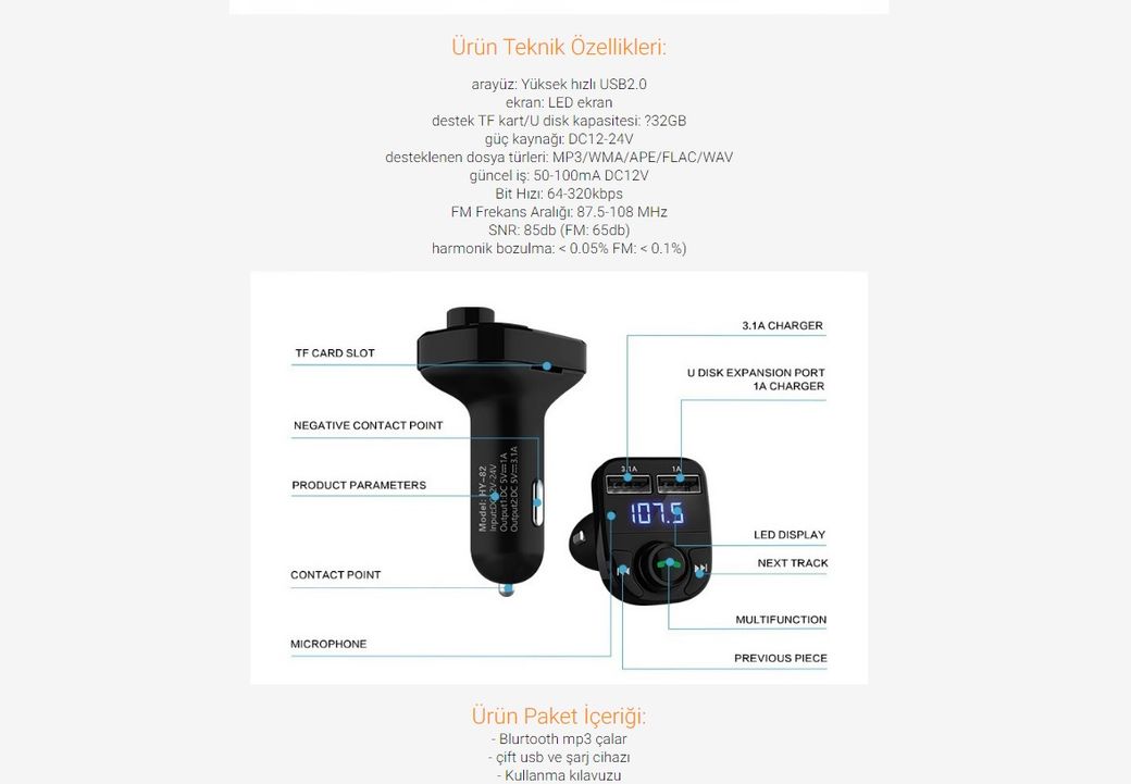 Auris Carx8  Bluetooth Çift Usbli Araç Kiti Fm Transmitter