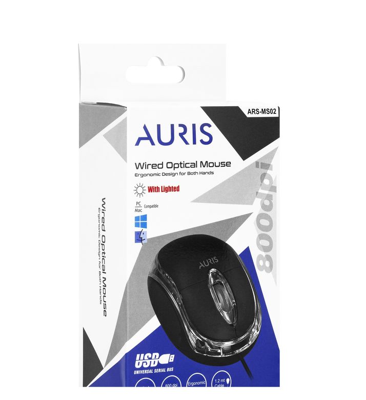 Auris Işıklı 800 Dpi 1.2 Metre Kablolu Optik Mouse Her İki El İçin Ergonomik Tasarım Ars-Ms02