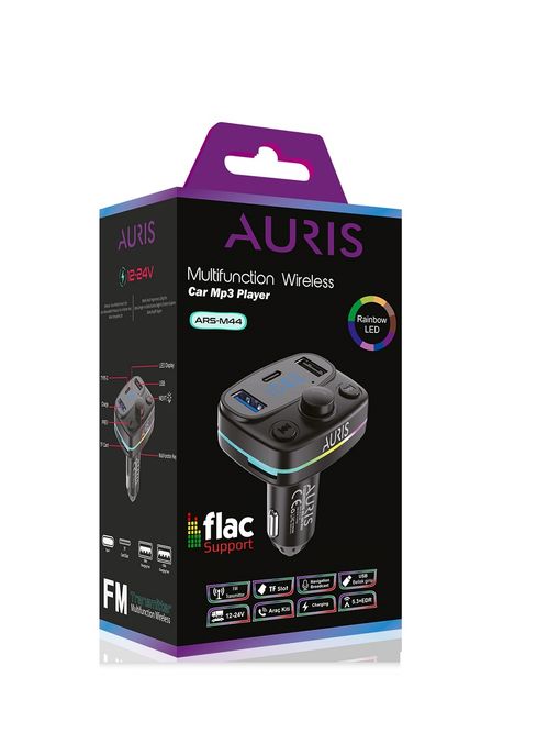 Auris M44  Wireless, 1A 2Xusb, Tf Kartlı Type-C, Rgb Işıklı Fm Transmitter