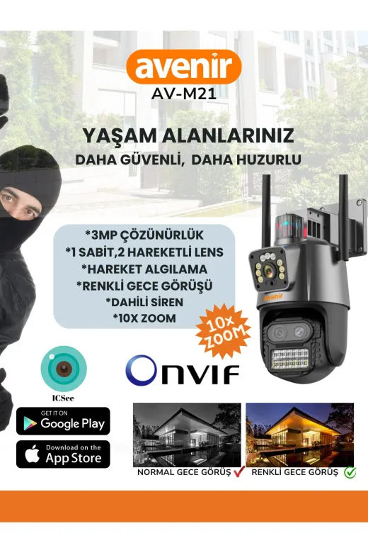 Avenir TYC7O00FEN170741752959211 Av-M21 3 Lensli 10X Zoom 3+3+3 Mp Ptz Kablosuz Kamera, Sesli, Gece Renkli, 360°