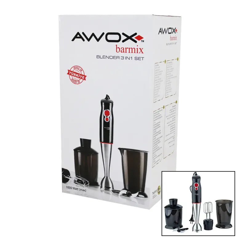 AWOX BARMİX  3İN1  BLENDER SETİ  ÇELİK 2Lİ MİKSER   ÇELİK RONDO BIÇAK   ÇELİK 4 KANATLI BIÇAK   1000W (4745)