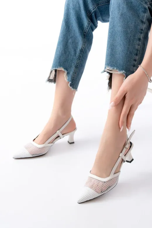 Aymood 137620aym K-607 Beyaz Günlük Fileli Arkası Açık 7 Cm Topuklu Ayakkabı