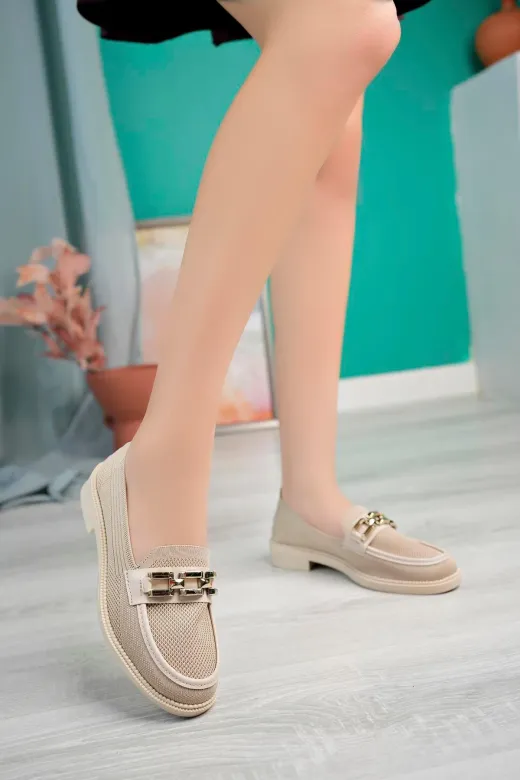 Aymood 23445 Kadın Nude Zincir Tokalı Kalın Taban Pu Deri Günlük Klasik Topuklu Loafer Makosen Ayakkabı