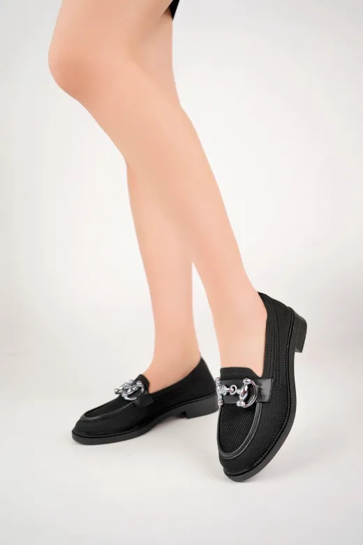 Aymood 23445 Kadın Siyah Zincir Tokalı Kalın Taban Pu Deri Günlük Klasik Topuklu Loafer Makosen Ayakkabı